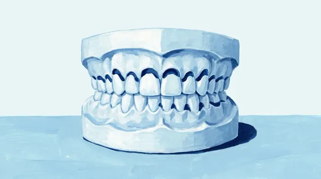 Un modelo con una banda de caries en el cuello de todos los dientes de delante