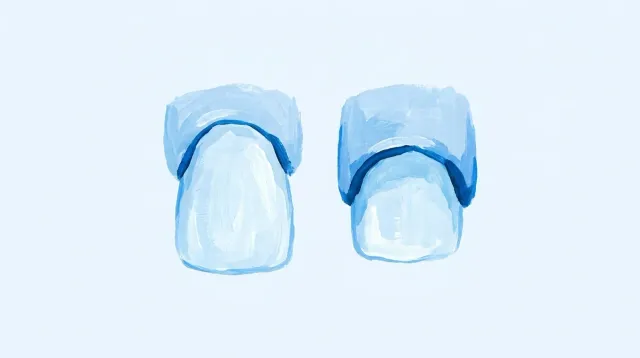 Dos dientes de delante: en el de la derecha la encía cubre casi la mitad de la corona