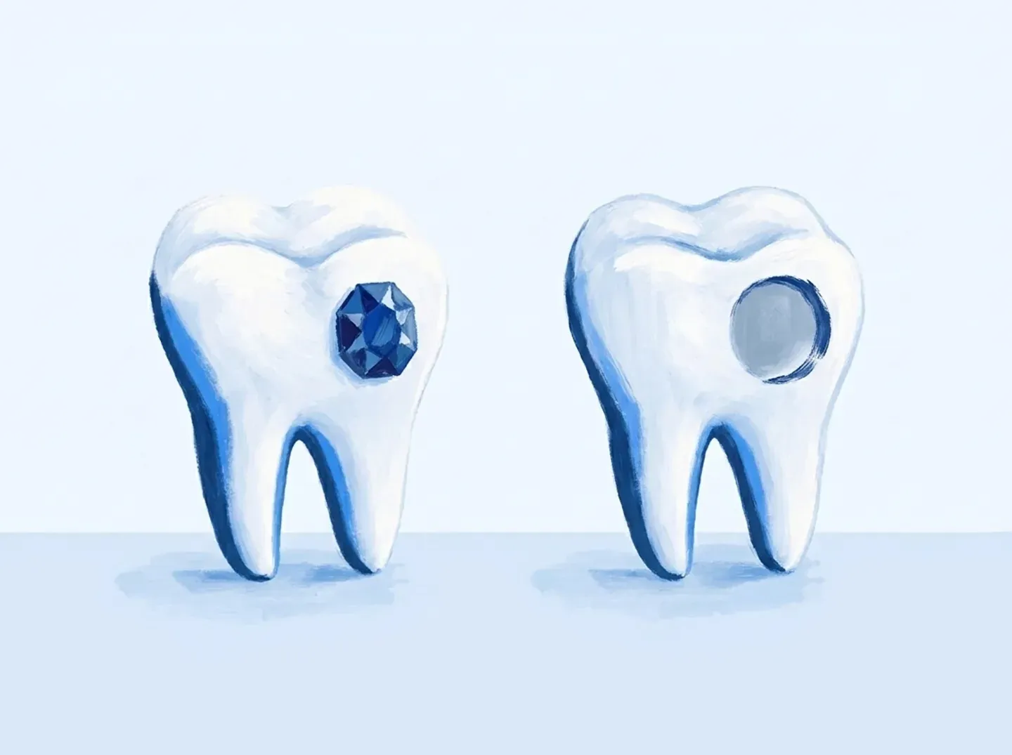Dos dientes: en el segundo la piedra ya no está y queda un círculo mate en su sitio
