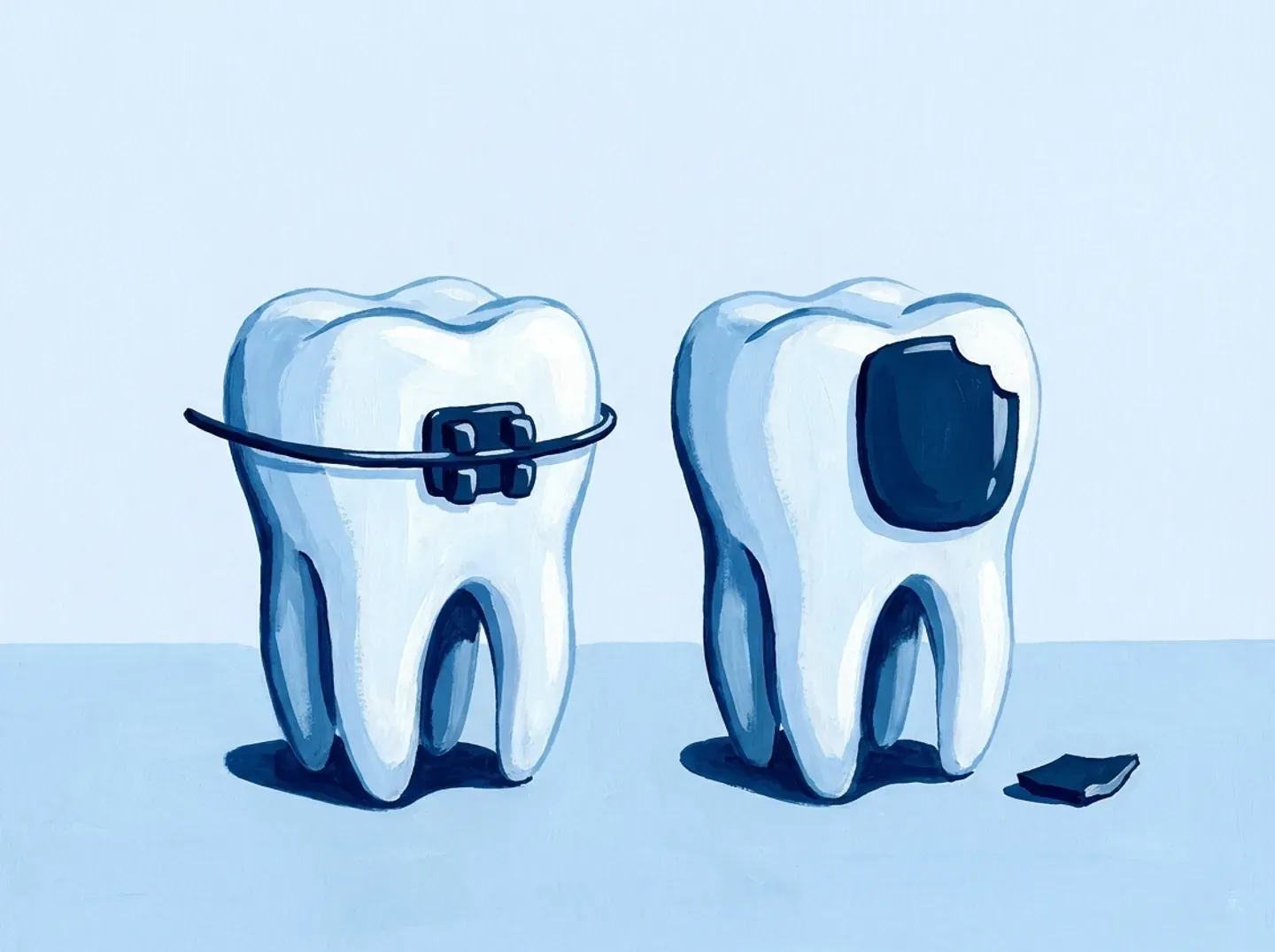 Dos dientes: en uno el bracket se ha despegado y en el otro la carilla está astillada