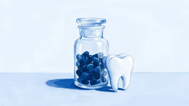 Un frasco de cápsulas junto a un molar, los dos sobre la mesa