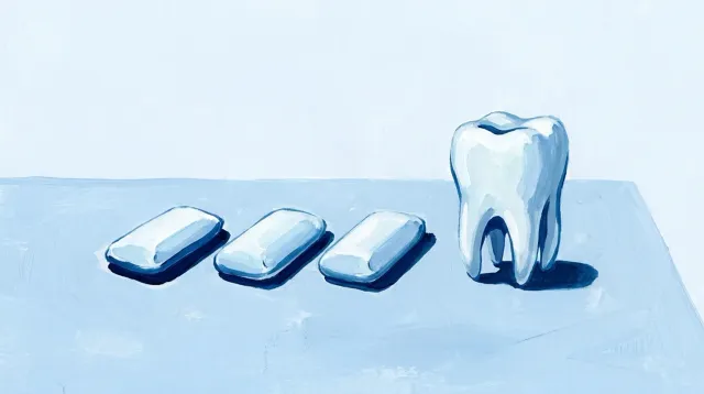 Unos chicles alineados sobre la mesa junto a un molar
